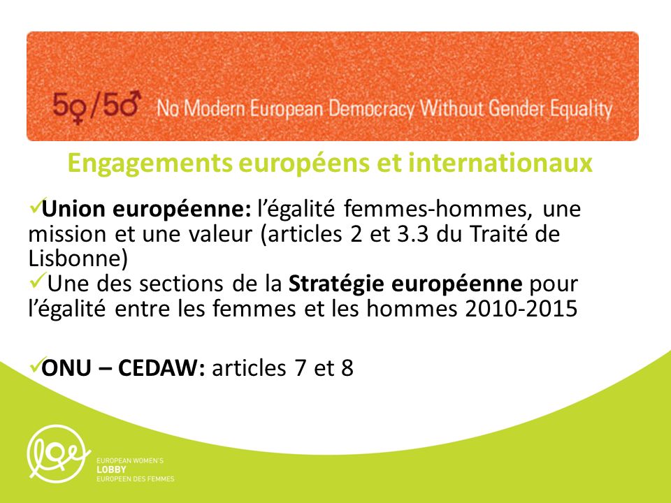 Engagements européens et internationaux Union européenne: légalité femmes-hommes, une mission et une valeur (articles 2 et 3.3 du Traité de Lisbonne) Une des sections de la Stratégie européenne pour légalité entre les femmes et les hommes ONU – CEDAW: articles 7 et 8