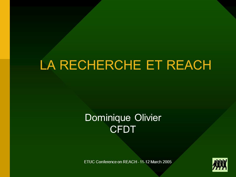 ETUC Conference on REACH March 2005 LA RECHERCHE ET REACH Dominique Olivier CFDT