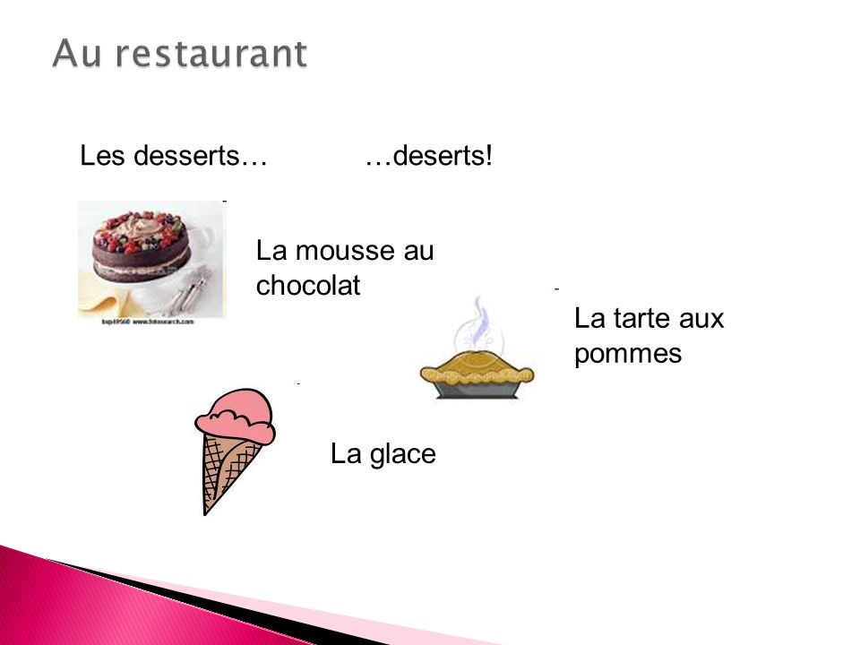 Les desserts……deserts! La mousse au chocolat La glace La tarte aux pommes