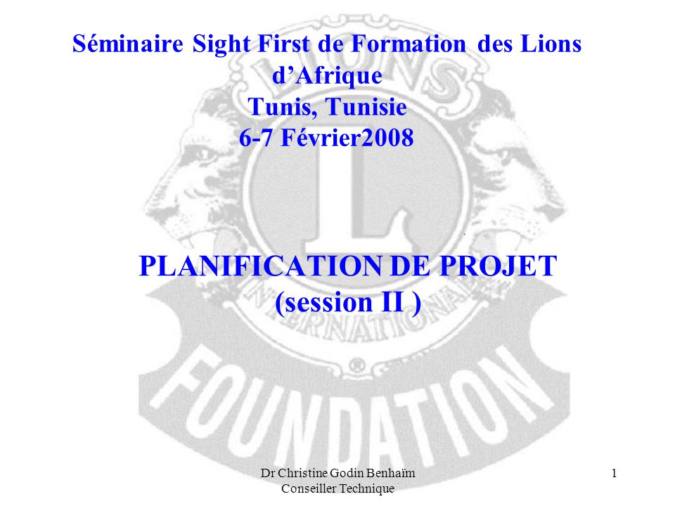Dr Christine Godin Benhaïm Conseiller Technique 1 Séminaire Sight First de Formation des Lions dAfrique Tunis, Tunisie 6-7 Février2008 PLANIFICATION DE PROJET (session II )