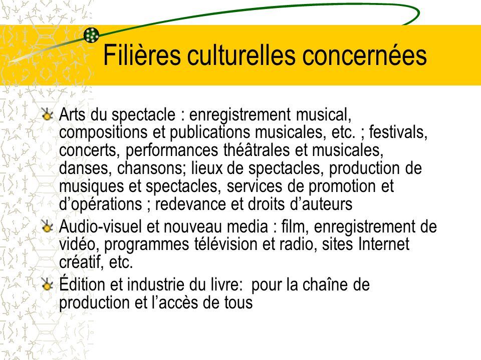 Filières culturelles concernées Arts du spectacle : enregistrement musical, compositions et publications musicales, etc.