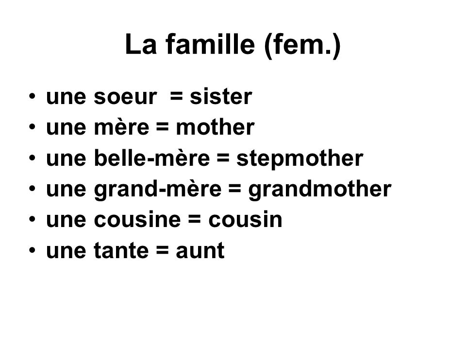 La famille (fem.) une soeur = sister une mère = mother une belle-mère = stepmother une grand-mère = grandmother une cousine = cousin une tante = aunt