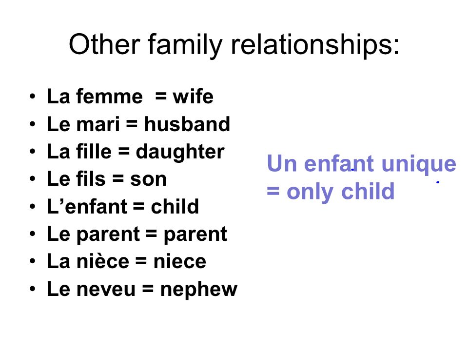 Other family relationships: La femme = wife Le mari = husband La fille = daughter Le fils = son Lenfant = child Le parent = parent La nièce = niece Le neveu = nephew Un enfant unique = only child