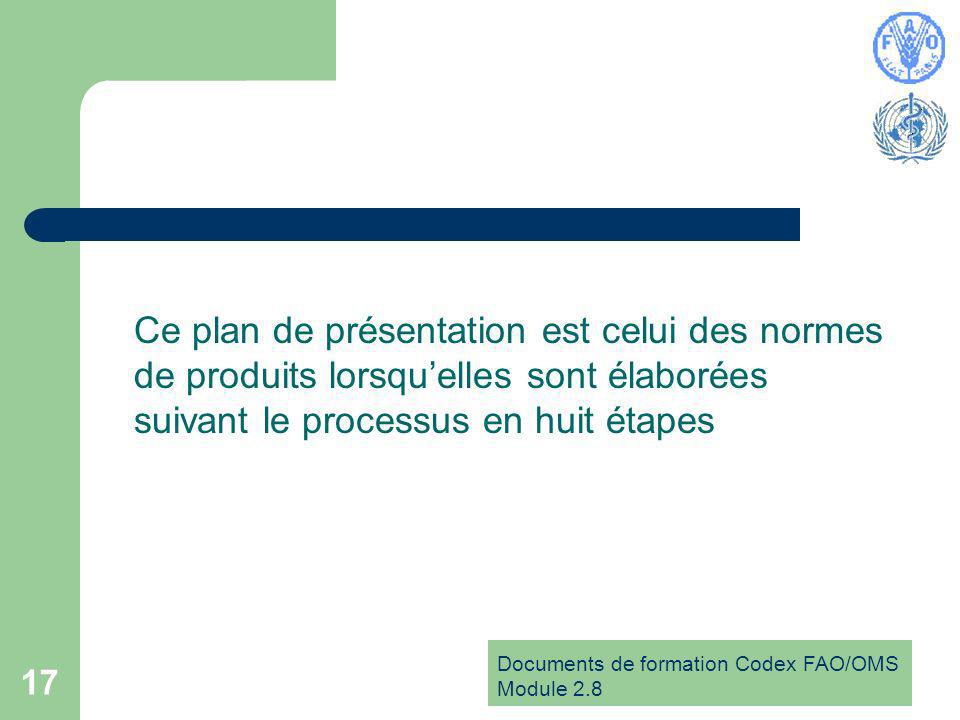 Documents de formation Codex FAO/OMS Module Ce plan de présentation est celui des normes de produits lorsquelles sont élaborées suivant le processus en huit étapes