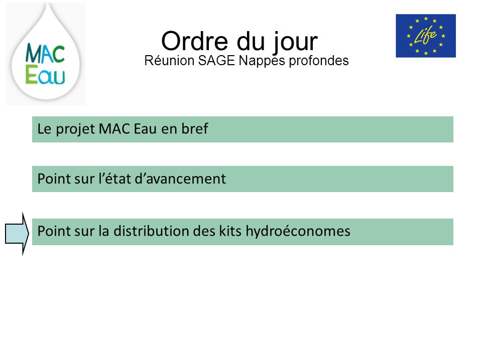 Ordre du jour Réunion SAGE Nappes profondes Point sur létat davancement Le projet MAC Eau en bref Point sur la distribution des kits hydroéconomes