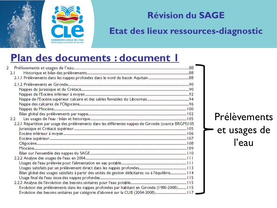 Plan des documents : document 1 Prélèvements et usages de leau Révision du SAGE Etat des lieux ressources-diagnostic