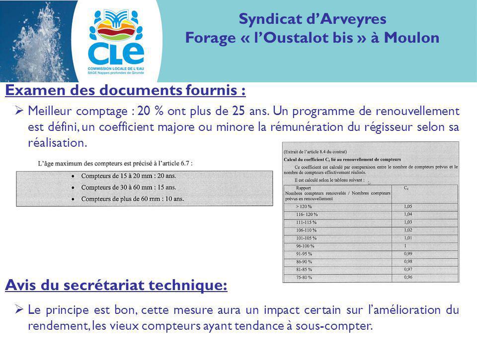 Examen des documents fournis : Syndicat dArveyres Forage « lOustalot bis » à Moulon Meilleur comptage : 20 % ont plus de 25 ans.