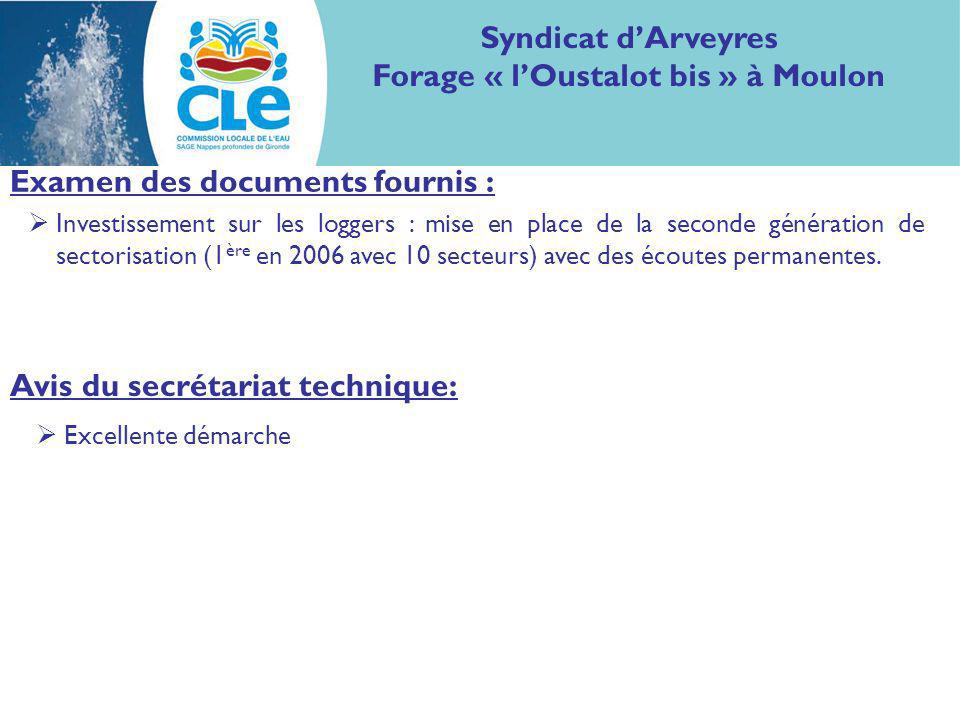 Examen des documents fournis : Syndicat dArveyres Forage « lOustalot bis » à Moulon Investissement sur les loggers : mise en place de la seconde génération de sectorisation (1 ère en 2006 avec 10 secteurs) avec des écoutes permanentes.