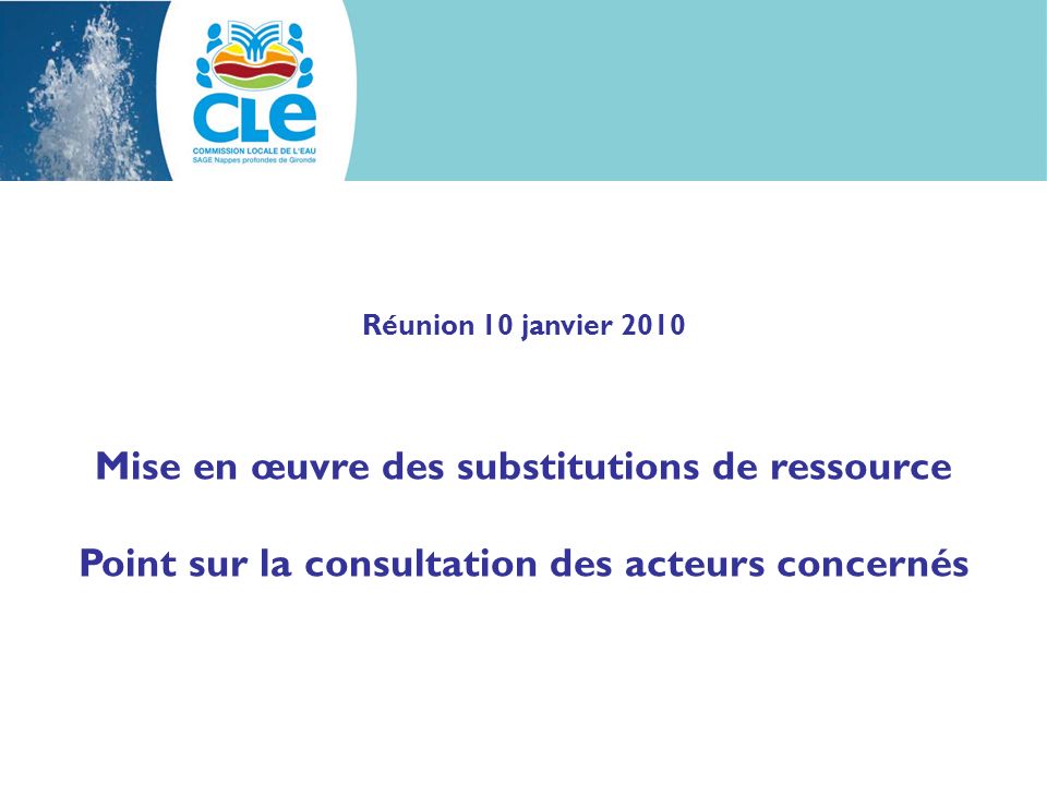 Réunion 10 janvier 2010 Mise en œuvre des substitutions de ressource Point sur la consultation des acteurs concernés