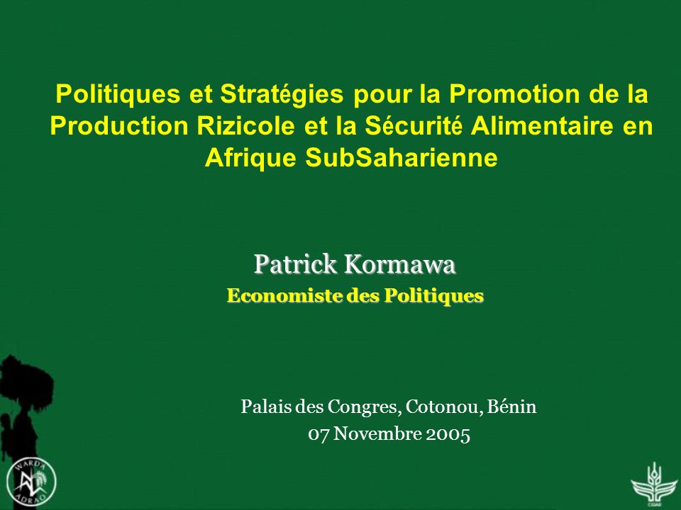 Politiques et Strat é gies pour la Promotion de la Production Rizicole et la S é curit é Alimentaire en Afrique SubSaharienne Patrick Kormawa Economiste des Politiques Palais des Congres, Cotonou, Bénin 07 Novembre 2005