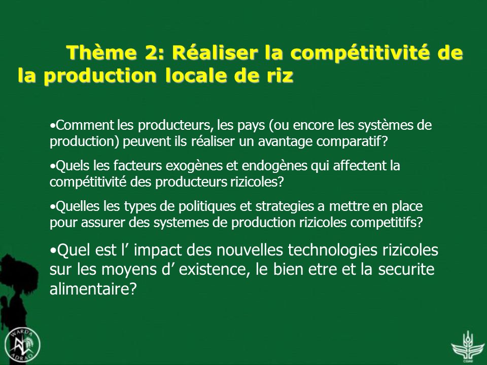 Thème 2: Réaliser la compétitivité de la production locale de riz Comment les producteurs, les pays (ou encore les systèmes de production) peuvent ils réaliser un avantage comparatif.