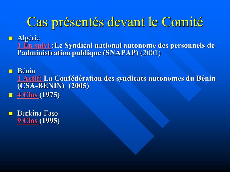 Cas présentés devant le Comité Algérie 1 En suivi :Le Syndical national autonome des personnels de l administration publique (SNAPAP) (2001) Algérie 1 En suivi :Le Syndical national autonome des personnels de l administration publique (SNAPAP) (2001) 1 En suivi 1 En suivi Bénin 1 Actif: La Confédération des syndicats autonomes du Bénin (CSA-BENIN) (2005) Bénin 1 Actif: La Confédération des syndicats autonomes du Bénin (CSA-BENIN) (2005) 1 Actif: 1 Actif: 4 Clos (1975) 4 Clos (1975) 4 Clos 4 Clos Burkina Faso 9 Clos (1995) Burkina Faso 9 Clos (1995) 9 Clos 9 Clos