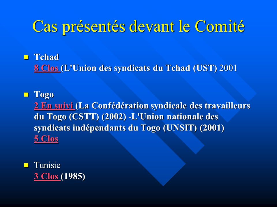 Cas présentés devant le Comité Tchad 8 Clos (L Union des syndicats du Tchad (UST) 2001 Tchad 8 Clos (L Union des syndicats du Tchad (UST) Clos 8 Clos Togo 2 En suivi (La Confédération syndicale des travailleurs du Togo (CSTT) (2002) -L Union nationale des syndicats indépendants du Togo (UNSIT) (2001) 5 Clos Togo 2 En suivi (La Confédération syndicale des travailleurs du Togo (CSTT) (2002) -L Union nationale des syndicats indépendants du Togo (UNSIT) (2001) 5 Clos 2 En suivi 5 Clos 2 En suivi 5 Clos Tunisie 3 Clos (1985) Tunisie 3 Clos (1985) 3 Clos 3 Clos