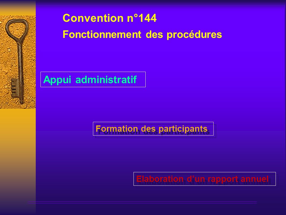 Formation des participants Appui administratif Fonctionnement des procédures Convention n°144 Elaboration dun rapport annuel