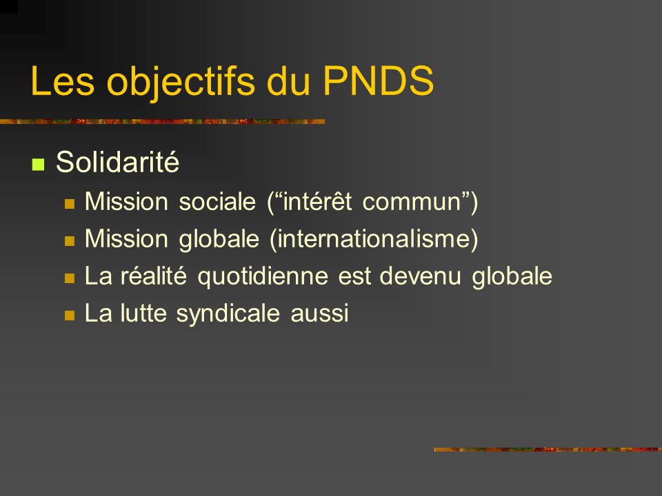 Les objectifs du PNDS Solidarité Mission sociale (intérêt commun) Mission globale (internationalisme) La réalité quotidienne est devenu globale La lutte syndicale aussi