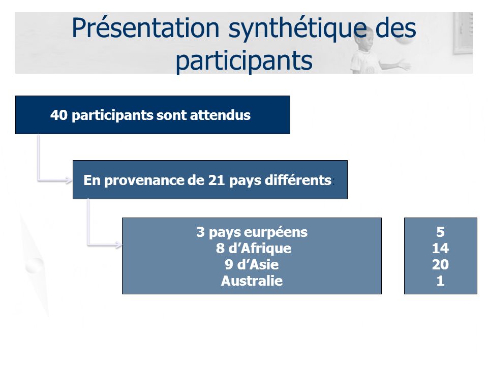 Présentation synthétique des participants 40 participants sont attendus : En provenance de 21 pays différents : 3 pays eurpéens 8 dAfrique 9 dAsie Australie