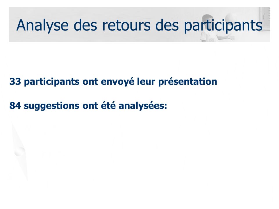 Analyse des retours des participants 33 participants ont envoyé leur présentation 84 suggestions ont été analysées: