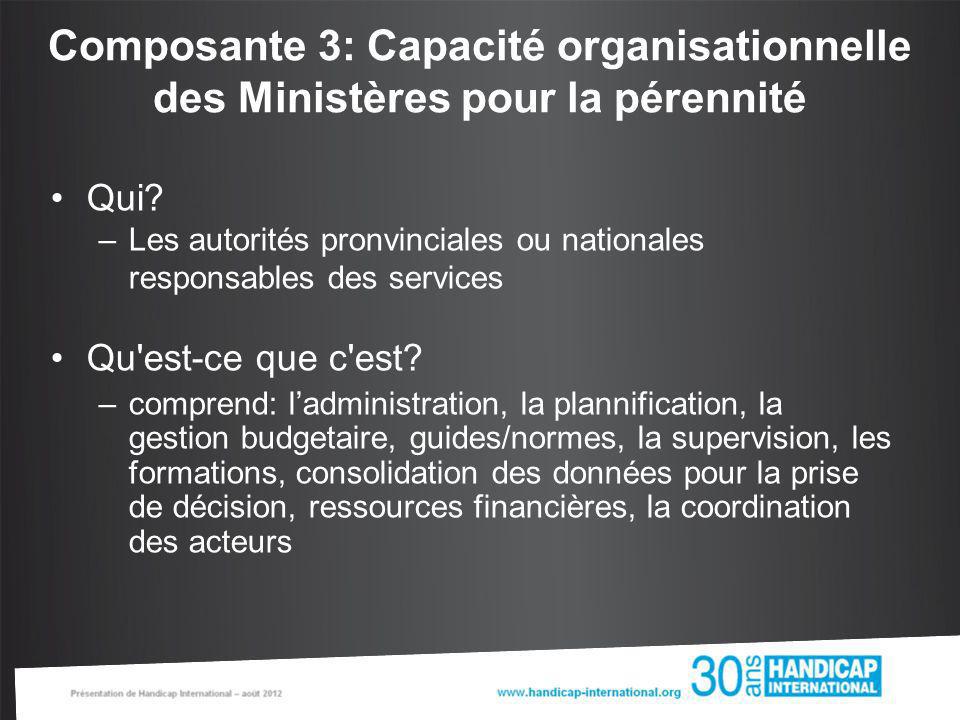 Composante 3: Capacité organisationnelle des Ministères pour la pérennité Qui.