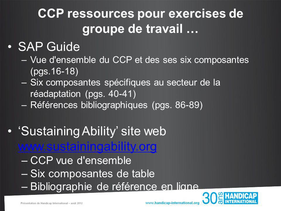 SAP Guide –Vue d ensemble du CCP et des ses six composantes (pgs.16-18) –Six composantes spécifiques au secteur de la réadaptation (pgs.