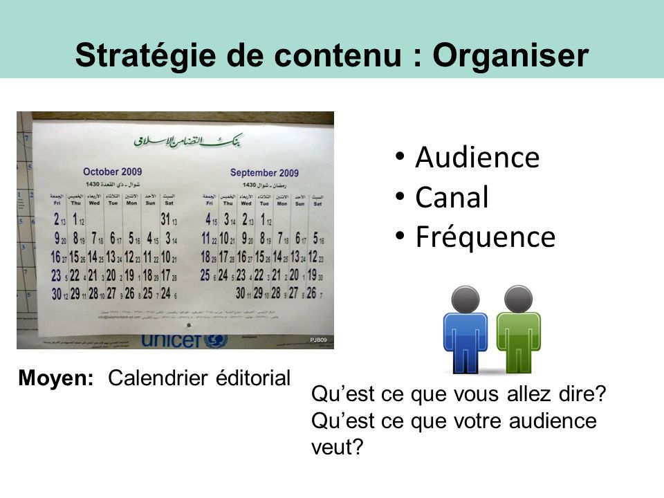 Stratégie de contenu : Organiser Audience Canal Fréquence Moyen: Calendrier éditorial Quest ce que vous allez dire.