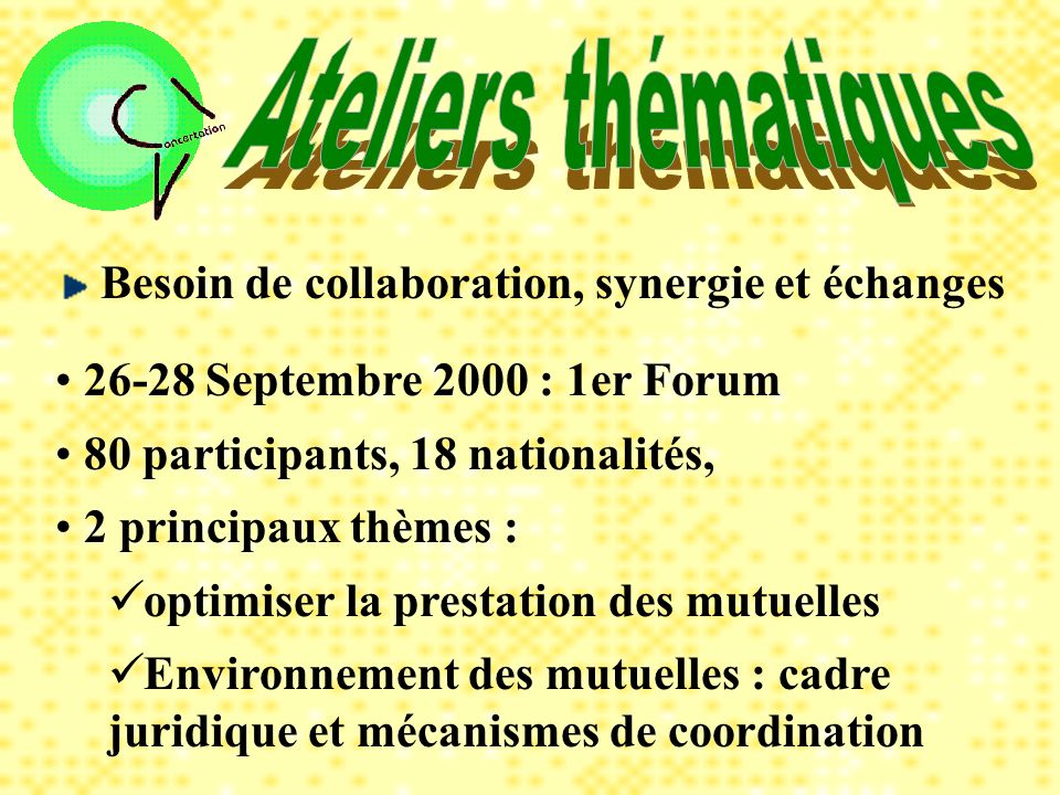 Besoin de collaboration, synergie et échanges Septembre 2000 : 1er Forum 80 participants, 18 nationalités, 2 principaux thèmes : optimiser la prestation des mutuelles Environnement des mutuelles : cadre juridique et mécanismes de coordination