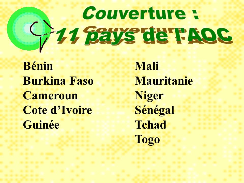 Bénin Burkina Faso Cameroun Cote dIvoire Guinée Mali Mauritanie Niger Sénégal Tchad Togo