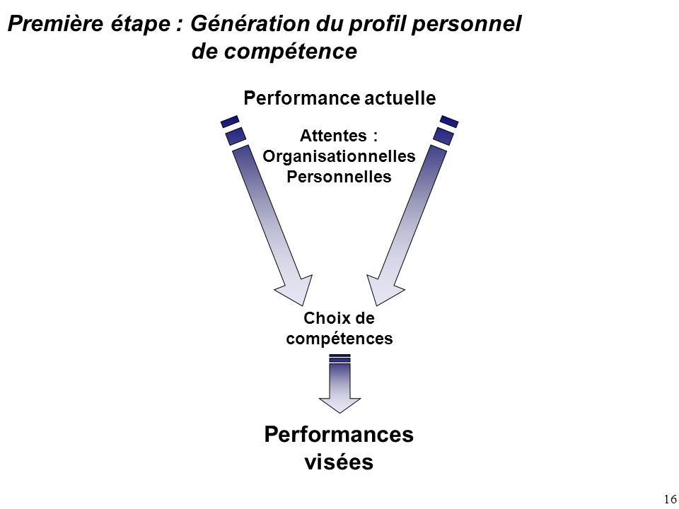 16 Première étape : Génération du profil personnel de compétence Performance actuelle Attentes : Organisationnelles Personnelles Choix de compétences Performances visées