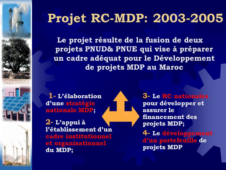Projet RC-MDP: Le projet résulte de la fusion de deux projets PNUD& PNUE qui vise à préparer un cadre adéquat pour le Développement de projets MDP au Maroc.