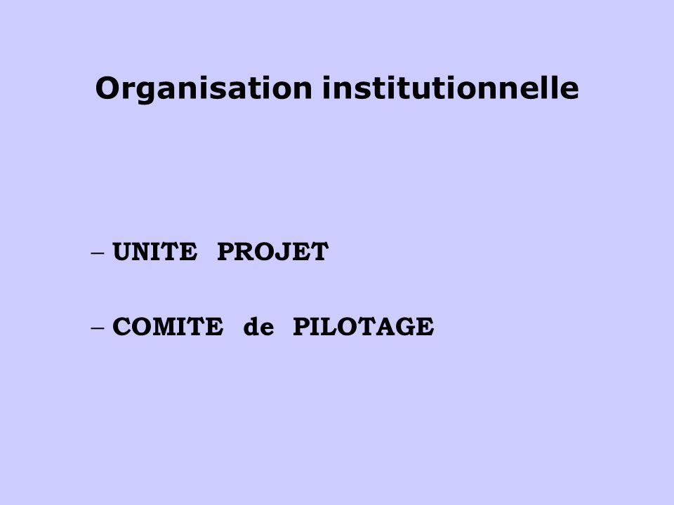 Organisation institutionnelle – UNITE PROJET – COMITE de PILOTAGE