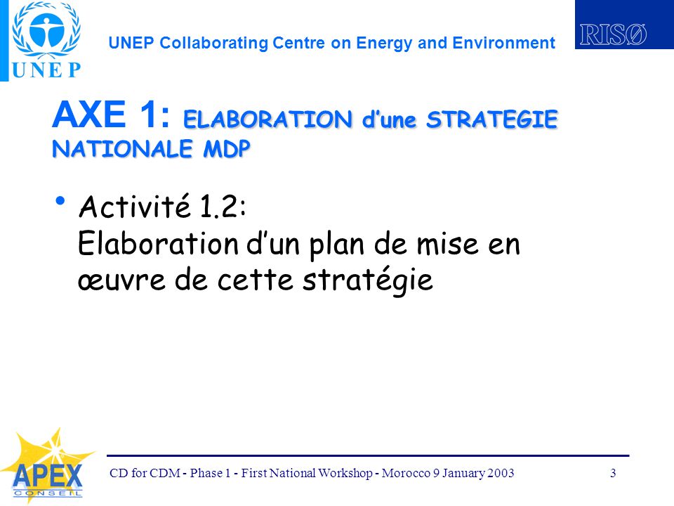 UNEP Collaborating Centre on Energy and Environment CD for CDM - Phase 1 - First National Workshop - Morocco 9 January ELABORATION dune STRATEGIE NATIONALE MDP AXE 1: ELABORATION dune STRATEGIE NATIONALE MDP Activité 1.2: Elaboration dun plan de mise en œuvre de cette stratégie