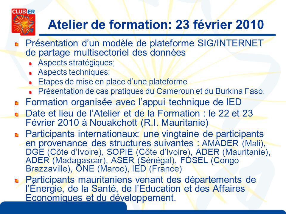 Atelier de formation: 23 février 2010 Présentation dun modèle de plateforme SIG/INTERNET de partage multisectoriel des données Aspects stratégiques; Aspects techniques; Etapes de mise en place dune plateforme Présentation de cas pratiques du Cameroun et du Burkina Faso.