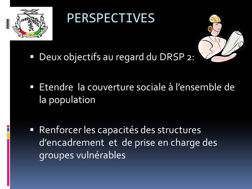 PERSPECTIVES Deux objectifs au regard du DRSP 2: Etendre la couverture sociale à lensemble de la population Renforcer les capacités des structures dencadrement et de prise en charge des groupes vulnérables