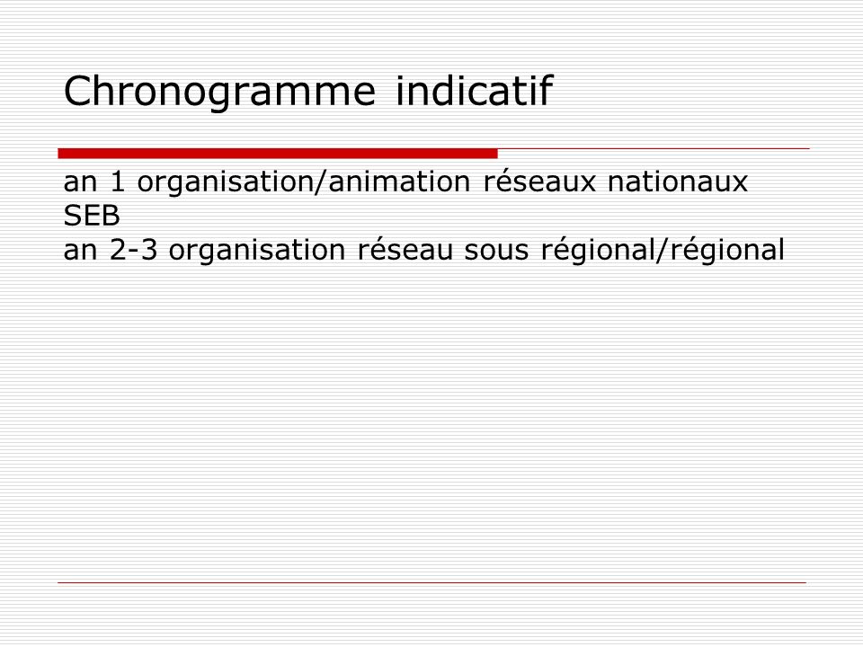 Chronogramme indicatif an 1 organisation/animation réseaux nationaux SEB an 2-3 organisation réseau sous régional/régional