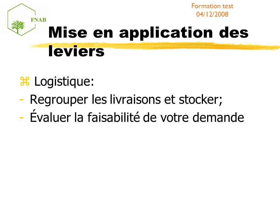 Mise en application des leviers Logistique: -Regrouper les livraisons et stocker; -Évaluer la faisabilité de votre demande Formation test 04/12/2008