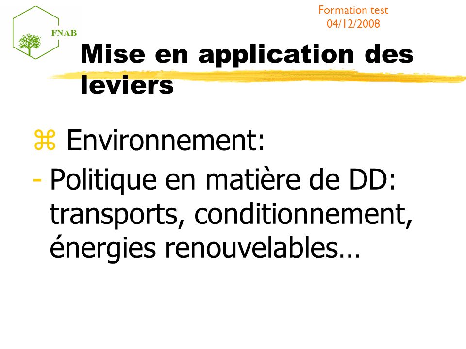 Mise en application des leviers Environnement: -Politique en matière de DD: transports, conditionnement, énergies renouvelables… Formation test 04/12/2008