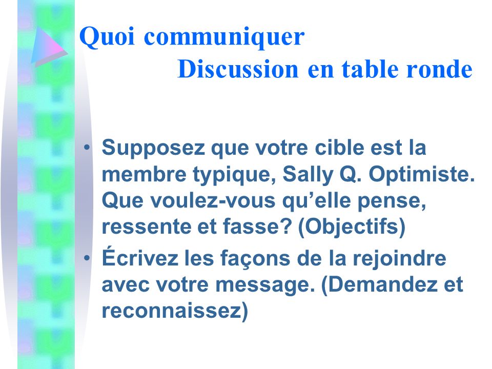 Quoi communiquer Discussion en table ronde Supposez que votre cible est la membre typique, Sally Q.