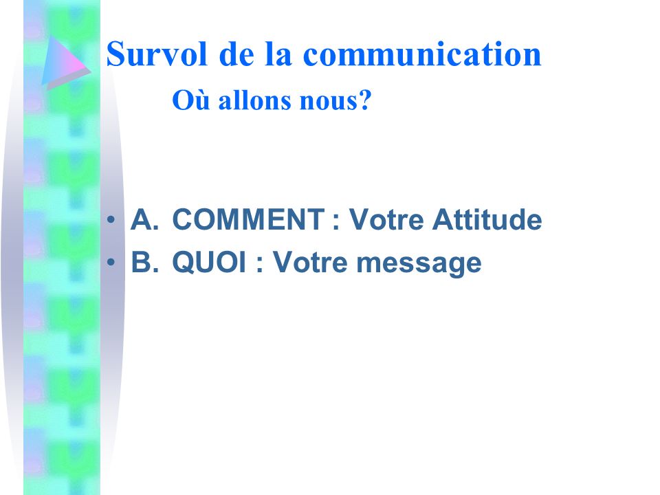 Survol de la communication Où allons nous A.COMMENT : Votre Attitude B. QUOI : Votre message