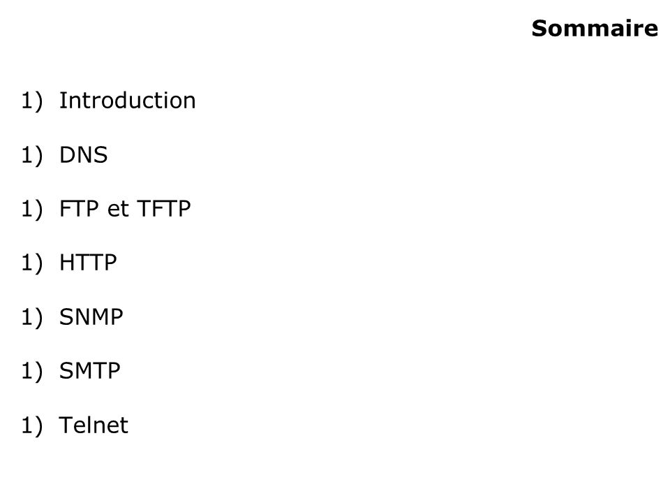 Sommaire 1)Introduction 1)DNS 1)FTP et TFTP 1)HTTP 1)SNMP 1)SMTP 1)Telnet