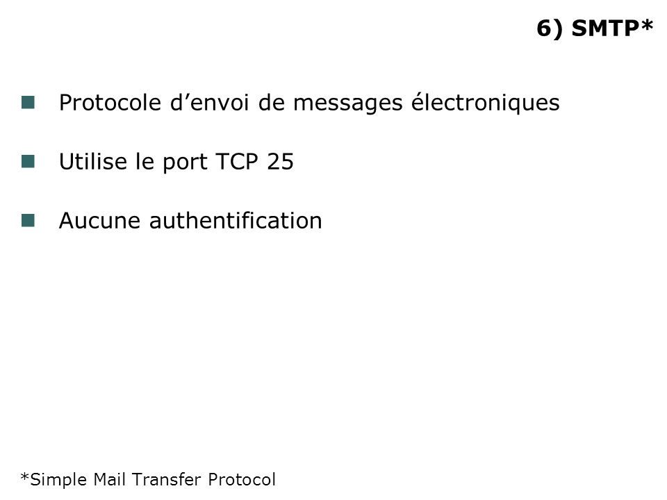 6) SMTP* Protocole denvoi de messages électroniques Utilise le port TCP 25 Aucune authentification *Simple Mail Transfer Protocol