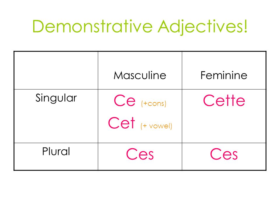 Demonstrative Adjectives! MasculineFeminine Singular Ce (+cons) Cet (+ vowel) Cette Plural Ces