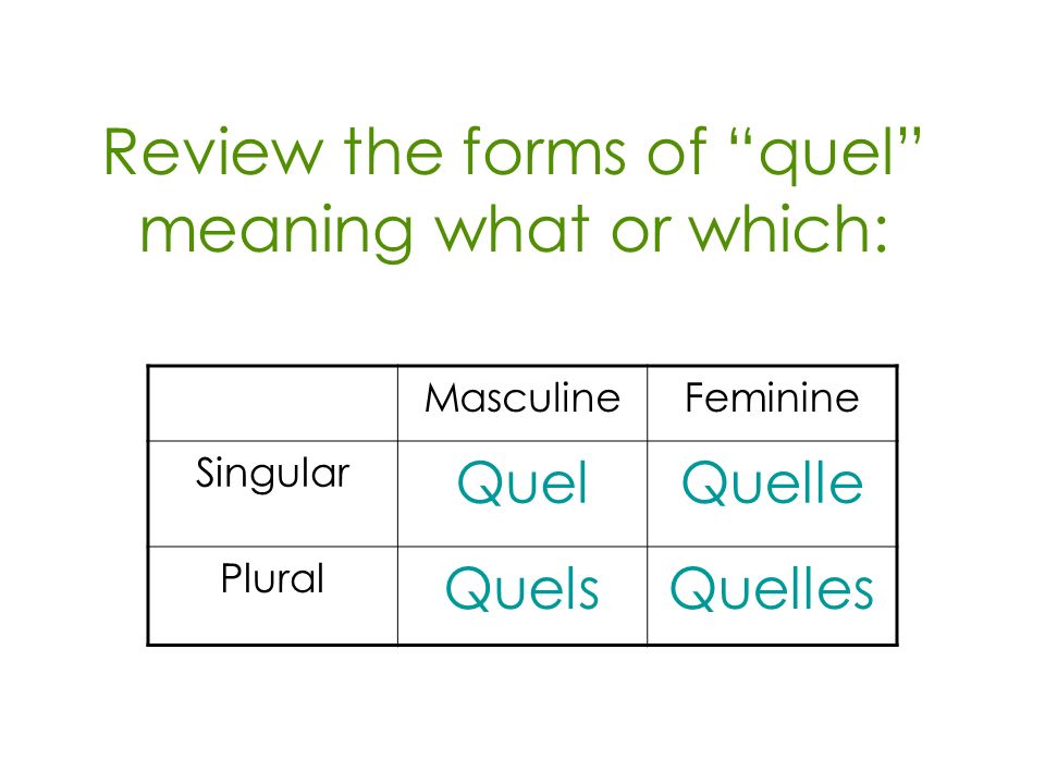 Review the forms of quel meaning what or which: MasculineFeminine Singular QuelQuelle Plural QuelsQuelles