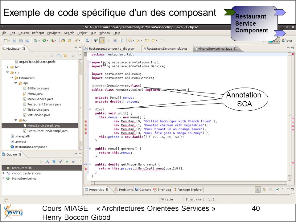 Cours MIAGE « Architectures Orientées Services » Henry Boccon-Gibod 40 Exemple de code spécifique d un des composant Annotation SCA Annotation SCA Restaurant Service Component