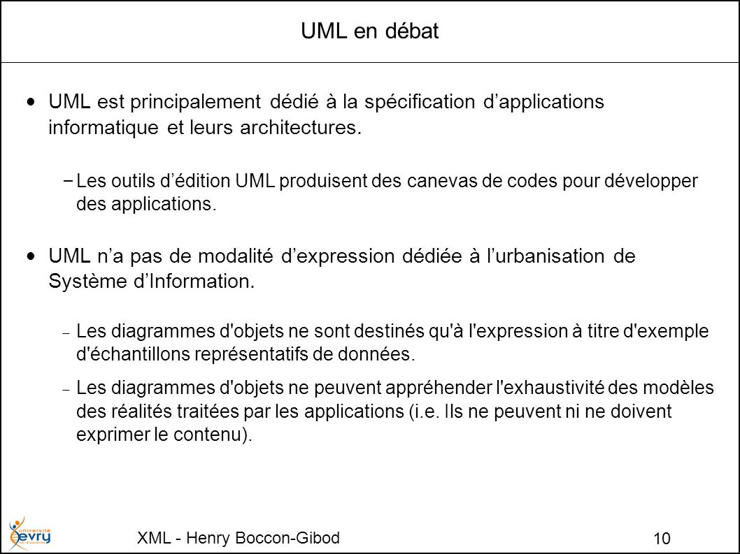XML - Henry Boccon-Gibod 10 UML en débat UML est principalement dédié à la spécification dapplications informatique et leurs architectures.