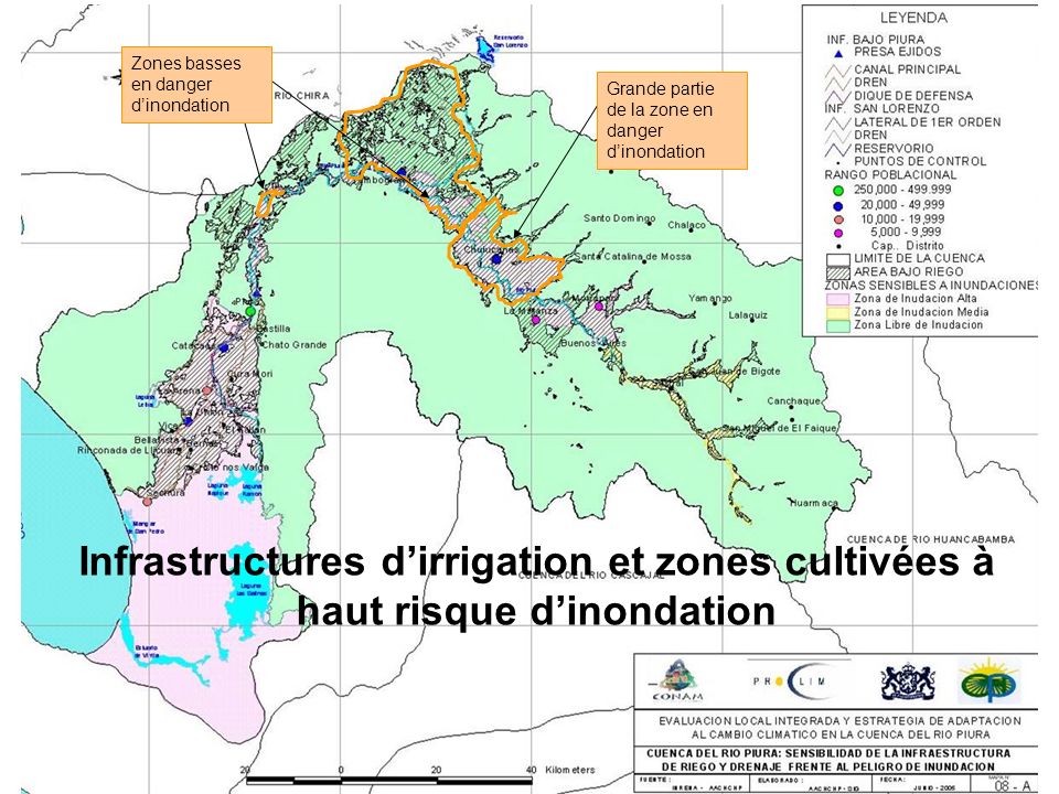 Grande partie de la zone en danger dinondation Zones basses en danger dinondation Infrastructures dirrigation et zones cultivées à haut risque dinondation