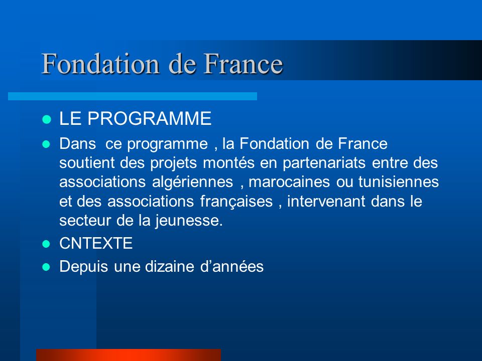 Fondation de France LE PROGRAMME Dans ce programme, la Fondation de France soutient des projets montés en partenariats entre des associations algériennes, marocaines ou tunisiennes et des associations françaises, intervenant dans le secteur de la jeunesse.