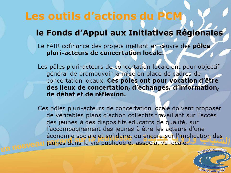 le Fonds dAppui aux Initiatives Régionales Les outils dactions du PCM Le FAIR cofinance des projets mettant en œuvre des pôles pluri-acteurs de concertation locale.