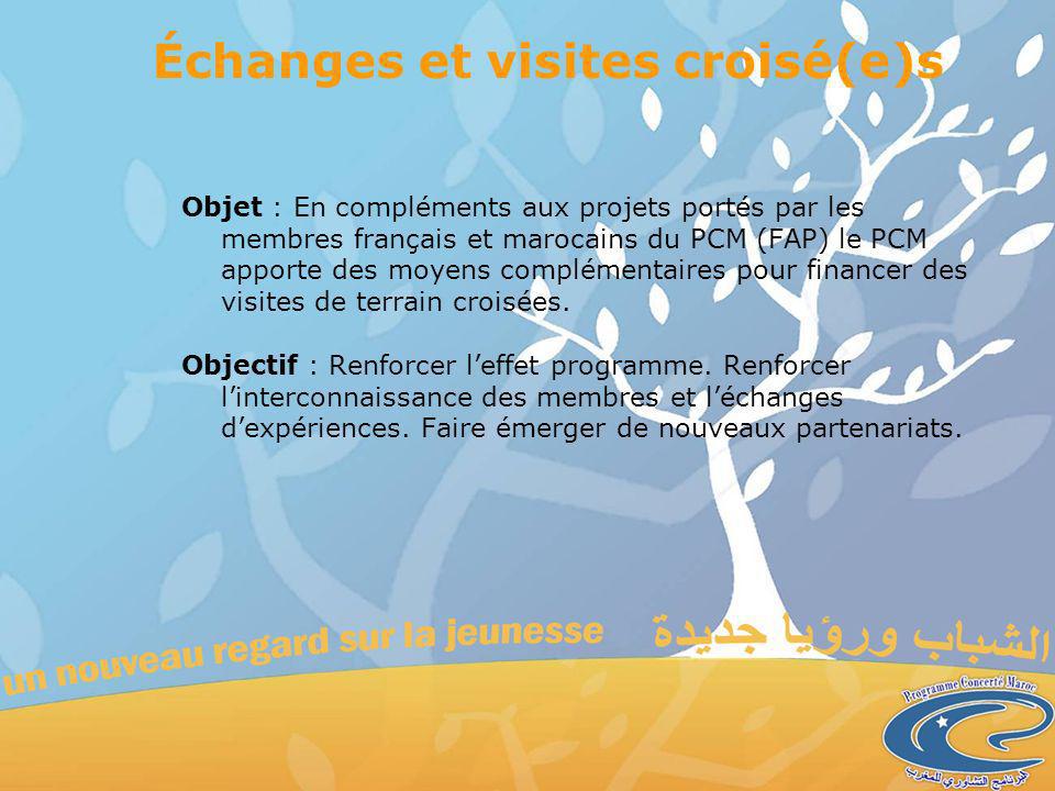 Échanges et visites croisé(e)s Objet : En compléments aux projets portés par les membres français et marocains du PCM (FAP) le PCM apporte des moyens complémentaires pour financer des visites de terrain croisées.