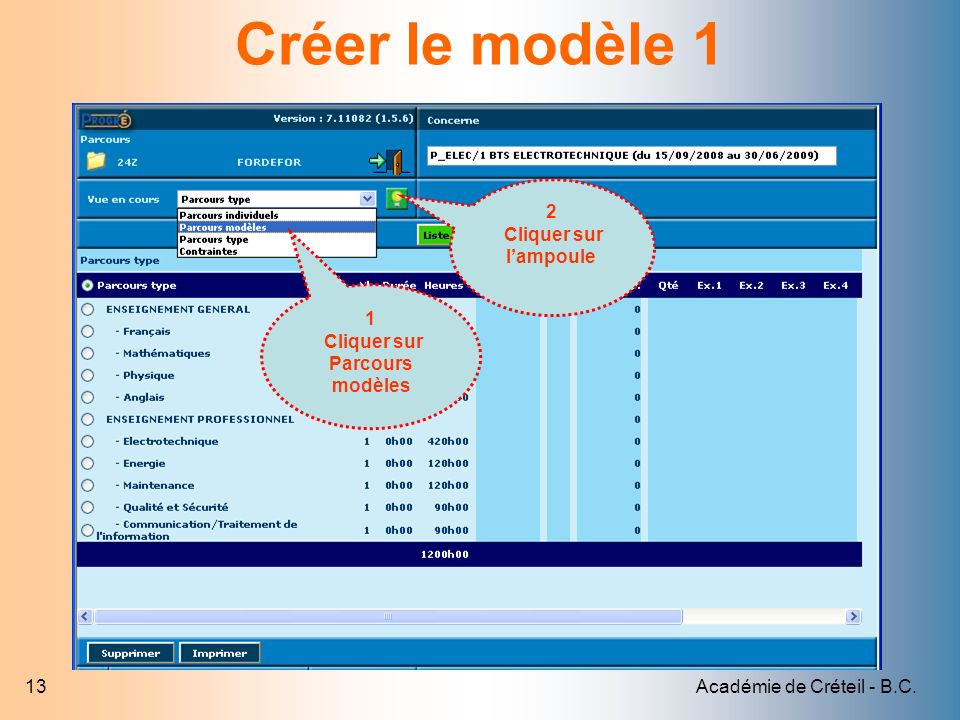 Académie de Créteil - B.C.13 Créer le modèle 1 1 Cliquer sur Parcours modèles 2 Cliquer sur lampoule