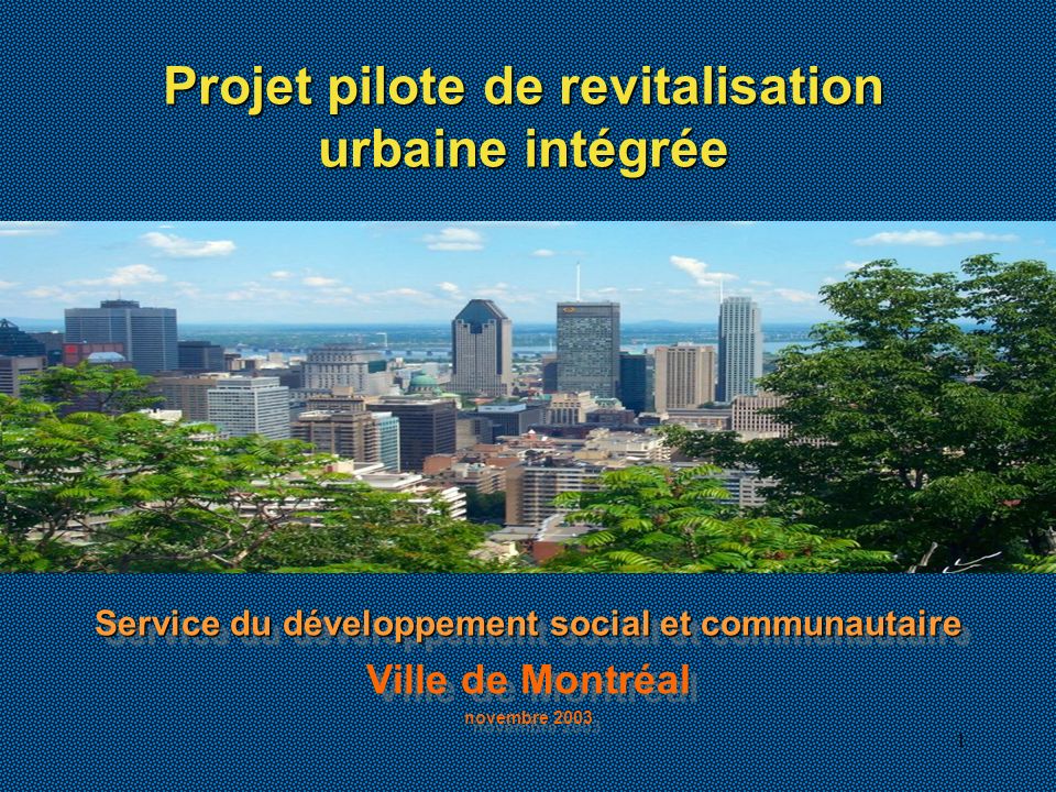 1 Service du développement social et communautaire Ville de Montréal novembre 2003 Service du développement social et communautaire Ville de Montréal novembre 2003 Projet pilote de revitalisation urbaine intégrée
