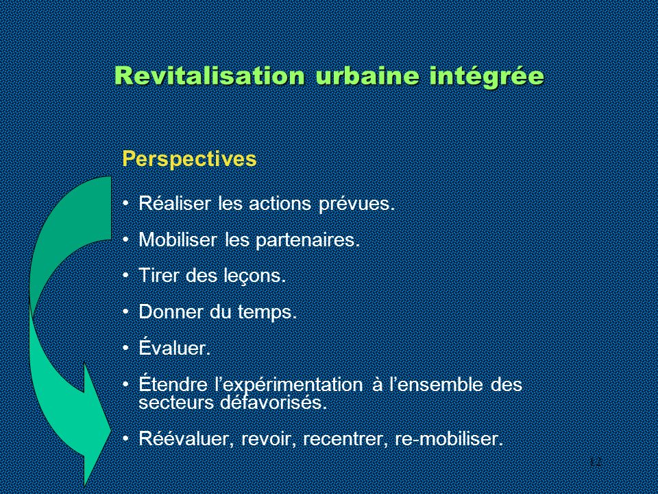 12 Revitalisation urbaine intégrée Perspectives Réaliser les actions prévues.
